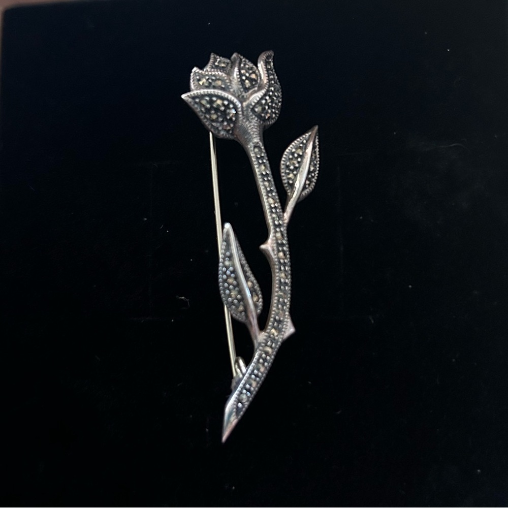 Vintage Sterling Silver Marcasites Rose Brooch